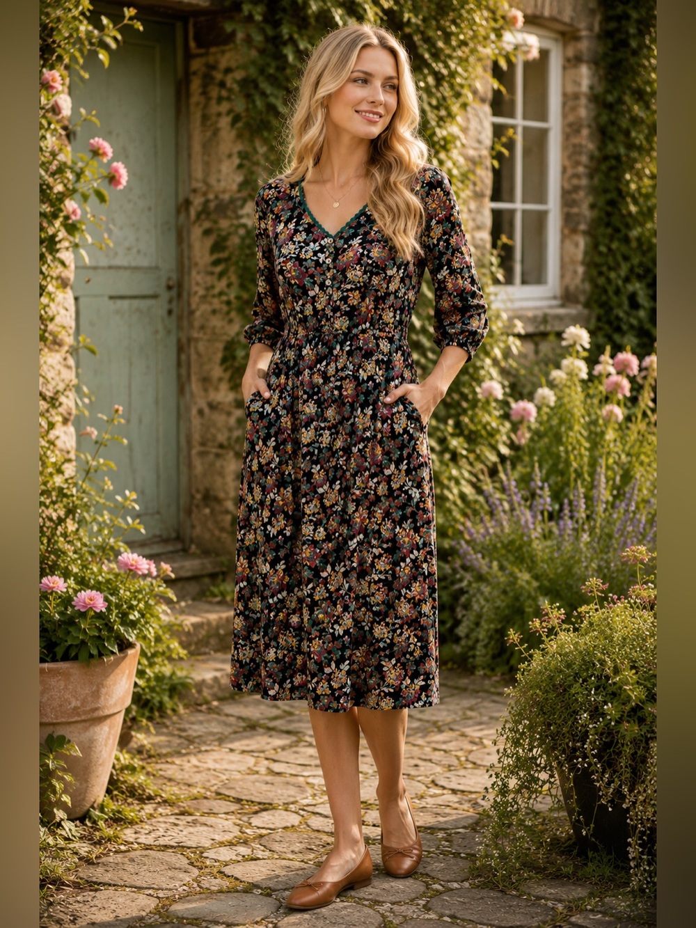 April Cornell Black Floral Midi Dress Cottagecore Boho Rayon XS Romantic Whimsy